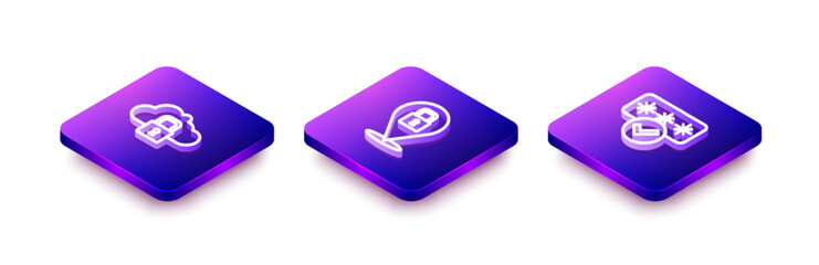 Poster - Set Isometric line Cloud computing lock, Lock and Password protection icon. Vector