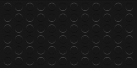 Black minimalistic background with extruder pressed circles. Dark neumorphism style. 3d circles with shadows. Vector seamless pattern.