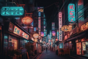 Wall Mural - Tokyo Cyberpunk Street Scene, Vintage Tokyo Cyberpunk Poster Retro Design