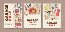 Vector Set Of Garage Promotional Sale Vertical Web Banner, Poster Or Flyer With Hand Drawn Vintage Furniture And Interior Design Elements. Garage Sale Concept Illustration