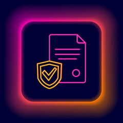 Sticker - Glowing neon line Contract with shield icon isolated on black background. Insurance concept. Security, safety, protection, protect concept. Colorful outline concept. Vector