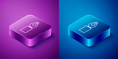 Wall Mural - Isometric Fountain pen nib icon isolated on blue and purple background. Pen tool sign. Square button. Vector