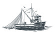 Trawler or commercial fishing boat with nets in the sea, engraving style black and white monochrome vector illustration