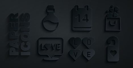 Sticker - Set Love text, Shopping bag with heart, Please do not disturb, Calendar February 14 and Bottle love potion icon. Vector