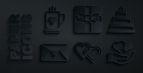 Sticker - Set Two Linked Hearts, Wedding cake, Envelope with Valentine heart, hand, Gift box and Coffee cup icon. Vector