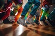 A group of people wearing colorful clothes in a dance class, with a focus on their feet and movement.
