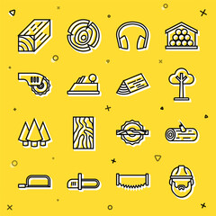 Sticker - Set line Lumberjack, Wooden logs, Tree, Headphones, plane tool, Electric circular saw, beam and icon. Vector