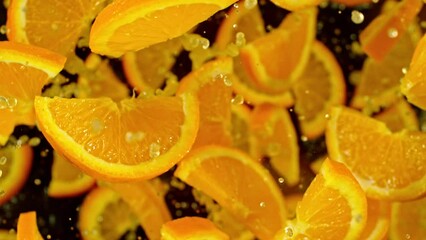 Aufkleber - Super slow motion of flying orange slices with water on black background. Filmed on high speed cinema camera, 1000 fps. Camera placed on high speed cine bot, tracking the object.