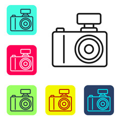 Wall Mural - Black line Photo camera icon isolated on white background. Foto camera. Digital photography. Set icons in color square buttons. Vector