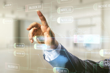 Wall Mural - multi exposure of developer's hand presses on abstract software development hologram and world map o