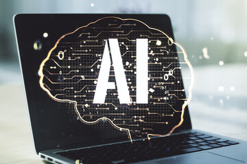 Wall Mural - creative artificial intelligence concept with human brain sketch on modern computer background. doub