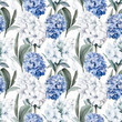 Seamless pattern with many hyacinths on white background in watercolor style. Generative AI.