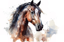 Watercolor Painting Of A Horse Head On A White Background. Wildlife Animals. Illustration, Generative AI.