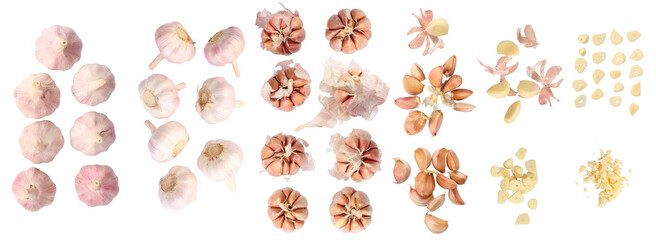 Set of fresh whole, peeled, sliced and chopped  garlic isolated on white background. Image on top view.