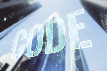 Wall Mural - code word hologram on modern architecture background, international software development concept. mu