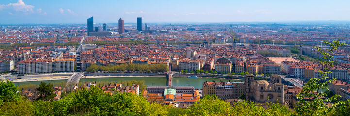 Wall Mural - Lyon city skyline, red rooftop houses, the Saone River, and geometric topography of the World Heritage Site, a view from Esplanade du Site Notre-Dame de Fourvière in France