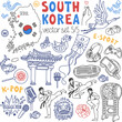 South Korea traditional symbols, food and landmarks doodle set. Drawings isolated on white background. Outline stroke is not expanded, stroke weight is editable