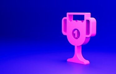 Wall Mural - Pink Award cup icon isolated on blue background. Winner trophy symbol. Championship or competition trophy. Sports achievement sign. Minimalism concept. 3D render illustration