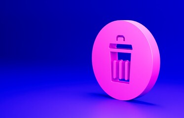 Sticker - Pink Trash can icon isolated on blue background. Garbage bin sign. Recycle basket icon. Office trash icon. Minimalism concept. 3D render illustration