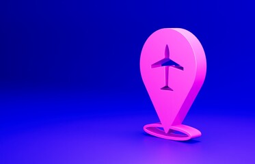 Sticker - Pink Plane icon isolated on blue background. Flying airplane icon. Airliner sign. Minimalism concept. 3D render illustration