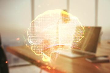 Wall Mural - creative artificial intelligence concept with human brain hologram on modern laptop background. mult