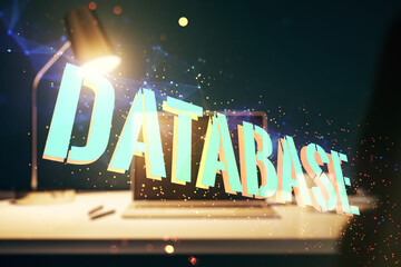 Wall Mural - double exposure of database word sign on laptop background, global research and analytics concept