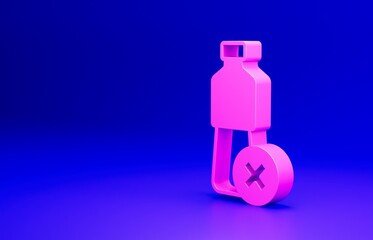 Canvas Print - Pink No water bottle icon isolated on blue background. No plastic bottle. Water bottle ban sign. Minimalism concept. 3D render illustration