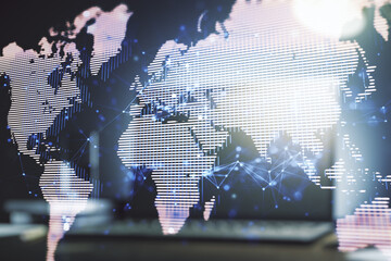 Wall Mural - multi exposure of abstract creative digital world map on modern laptop background, tourism and trave