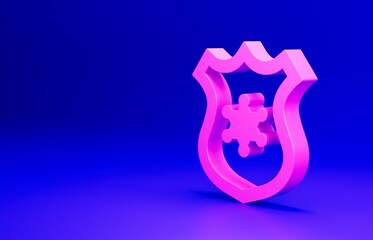 Poster - Pink Police badge icon isolated on blue background. Sheriff badge sign. Minimalism concept. 3D render illustration