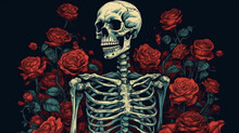 Skull And Crossbones, A Skeleton With Red Roses And Graphic Art In Retro, Generative Ai