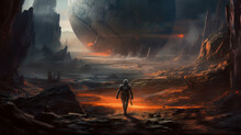 A Stunning Paint Of The Mandalorian Walking In A Fire Valley
