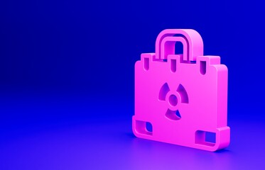 Pink Radiation nuclear suitcase icon isolated on blue background. Minimalism concept. 3D render illustration