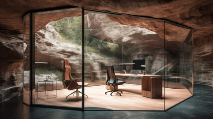 Fully glass modern office inside a cave, generative ai