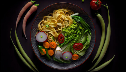 Top View Healthy Dish Of Vegetable Chow Mein on Foody Theme Background AI Generative