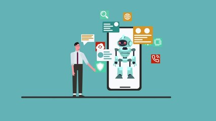 Chat bot robot interacting with man on smartphone, robot, virtual assistant, automatic reply concept. Animation. Generative AI