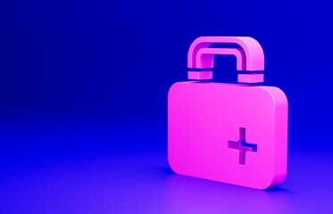 Poster - Pink First aid kit icon isolated on blue background. Medical box with cross. Medical equipment for emergency. Healthcare concept. Minimalism concept. 3D render illustration