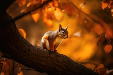 Poster - Playful little squirrel perched on a tree branch, with autumn leaves in the background and a warm, orange lighting effect. Generative AI