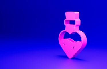 Canvas Print - Pink Bottle with potion icon isolated on blue background. Flask with magic potion. Happy Halloween party. Minimalism concept. 3D render illustration