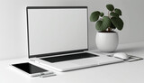 Fototapeta Sport - Laptop mockup with green leaves on white background, Generative AI