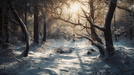 Wall Mural - Winter forest covered with snow at sunrise, generative ai