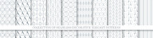 Collection Of Ornamental Seamless Geometric Patterns - White And Gray Design. Elegant Endless Art Deco Ornate Backgrounds. Repeatable Monochrome Fabric Prints