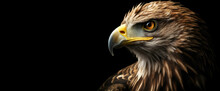 Eagle Head In Profile Or Side Close-up. Panoramic Image Of The Eagle's Head On The Right Against The Background Of A Black Isolated Banner. Generative AI.