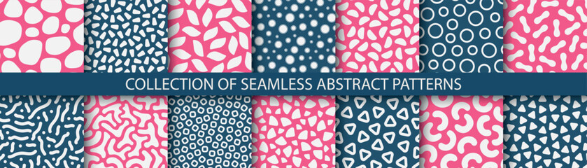 Collection of vector seamless color trendy patterns. Simple fabric prints with abstract shapes. Repeatable bright textures - unusual backgrounds