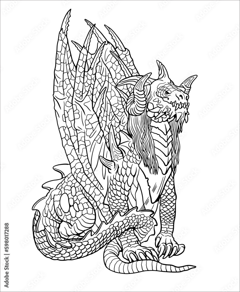 Dragon coloring page. Fantasy vector illustration with mythical