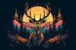 © wetzkaz - buck deer with pine trees, mountains as native american style art . Generative AI