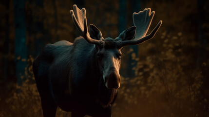 Wall Mural - Moose in dramatic lighting in forest, generative ai