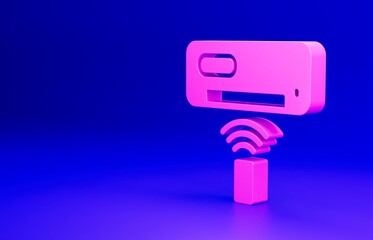 Sticker - Pink Air conditioner icon isolated on blue background. Split system air conditioning. Cool and cold climate control system. Minimalism concept. 3D render illustration