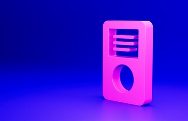 Canvas Print - Pink Music player icon isolated on blue background. Portable music device. Minimalism concept. 3D render illustration