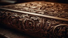 Beauty Carving On Wood, Ornament Carved Into A Wood Desk, Generative Ai