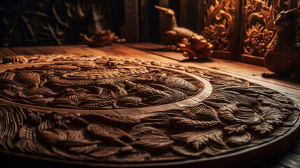 Wall Mural - Beauty carving on wood, ornament carved into a wood desk, generative ai